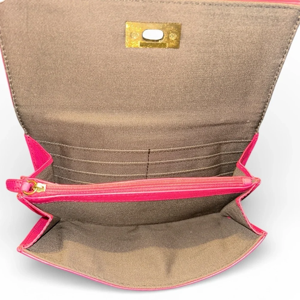 J.Crew Large Leather Gold Toggle Hot Pink Pebbled Leather  Wallet Clutch - Picture 4 of 7